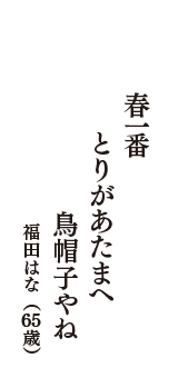 春一番　とりがあたまへ　鳥帽子やね　（福田はな　65歳）