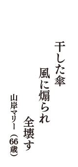 干した傘　風に煽られ　全壊す　（山岸マリー　66歳）