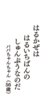 はるかぜは　はるいちばんの　しゅんぷうなのだ　（パパちゃんちゃん　56歳）