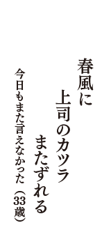 春風に　上司のカツラ　またずれる　（今日もまた言えなかった　33歳）