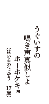 うぐいすの　鳴き声真似しよ　ホーホケキョ　（はいるのじゆう　17歳）