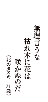無理言うな　枯れ木に花は　咲かぬのだ　（北のタヌキ　71歳）