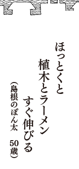 ほっとくと　植木とラーメン　すぐ伸びる　（島根のぽん太　50歳）