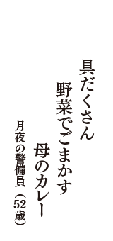 具だくさん　野菜でごまかす　母のカレー　（月夜の警備員　52歳）