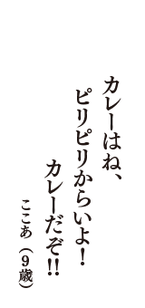 カレーはね、　ピリピリからいよ！　カレーだぞ！！　（ここあ　9歳）