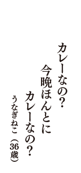 カレーなの？　今晩ほんとに　カレーなの？　（うなぎねこ　36歳）