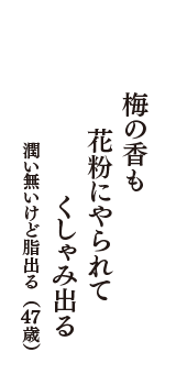 梅の香も　花粉にやられて　くしゃみ出る　（潤い無いけど脂出る　47歳）