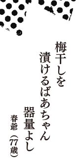 梅干しを　漬けるばあちゃん　器量よし　（春爺　77歳）