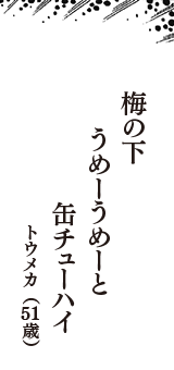 梅の下　うめーうめーと　缶チューハイ　（トウメカ　51歳）