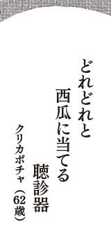 どれどれと　西瓜に当てる　聴診器　（クリカボチャ　62歳）