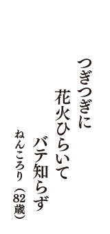 つぎつぎに　花火ひらいて　バテ知らず　（ねんころり　82歳）