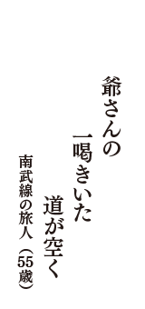 爺さんの　一喝きいた　道が空く　（南武線の旅人　55歳）