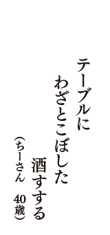 テーブルに　わざとこぼした　酒すする　（ちーさん　40歳）