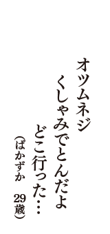 オツムネジ　くしゃみでとんだよ　どこ行った…（ばかずか　29歳）